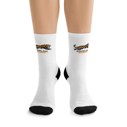 White Recycled Poly Socks with 'Woodleaf' Tiger Logo – Eco Athletic Crew Socks